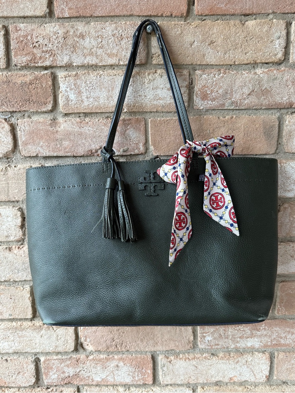 Tory Burch Dark Green Pebbled Leather Tote with Tassel and Scarf